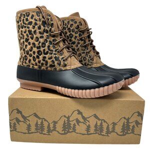 NWB Marley Lilly Womens 10 Leopard Rubber Duck Boots Faux Fur Lace Up Tan Black